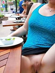 Bald Pussy Shot In Public At Outdoor Restaurant