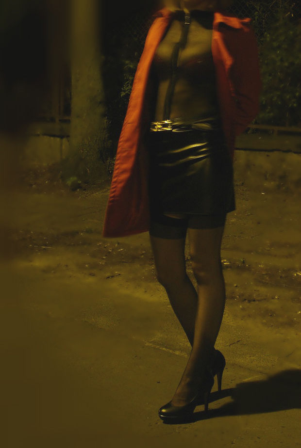 On The Street In Sexy Mini Leather Skirt & Sheer Blouse