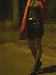 On The Street In Sexy Mini Leather Skirt & Sheer Blouse
