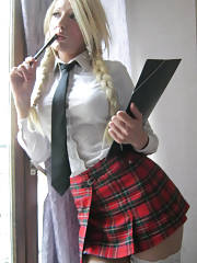 Blondie Nymph In Short Playd Skirt Waithing For 2 Masters Penises