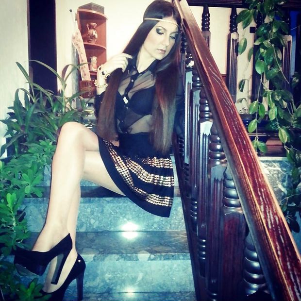 Amazing Dark Haired In Short Flared Skirt & See Thru Blouse