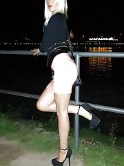 Blond Amateur Posing Outdoors In Pink Mini Skirt & High Heeled Platforms