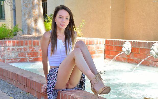 Willowy Aria Haze Walks Pantyless Outdoors For Leggy Upskirt Tease In High Heels & Indoor Toy Play