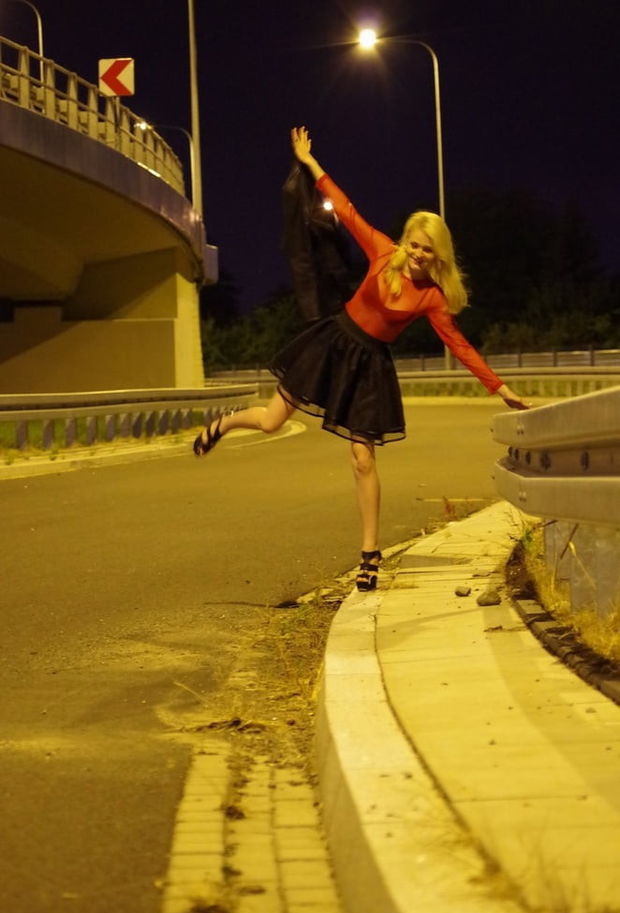 Leggy Light Haired In Sheer Top & Miniskirt Posing Outdoors