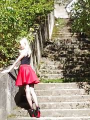 Blondie Insta Girlie Posing Outdoors In Red Miniskirt Nylons & Heels