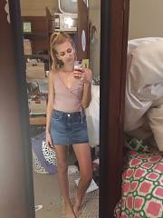 Cute Blondie Selfie In Tank Top And Jean Skirt