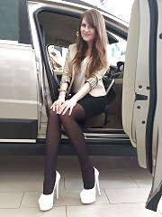Sweet Natural Amateur In Tight Black Mini Skirt & White Heels
