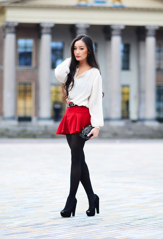 Hot Oriental In A Red Skirt & A White Blouse